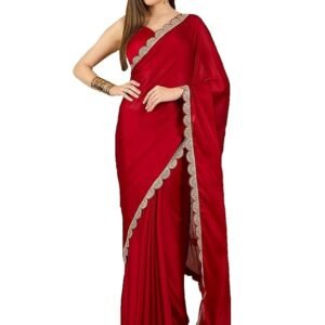 Women's Satin Chiffon Sequence Work Embroidery Lace Border Plain Solid Saree