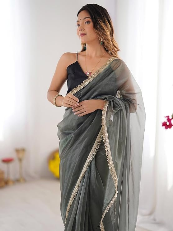 Women's Shimmer Net Solid Saree With Unstitched Blouse Piece | Exclusive Design for Parties - Image 7