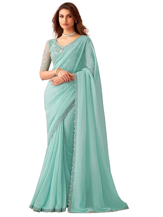 Women's Georgette Sequins Work Saree With Unstitched Blouse Piece