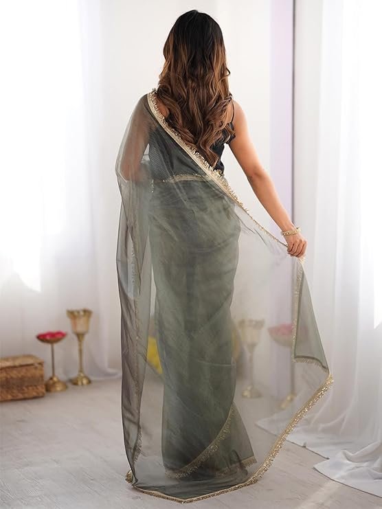 Women's Shimmer Net Solid Saree With Unstitched Blouse Piece | Exclusive Design for Parties - Image 6