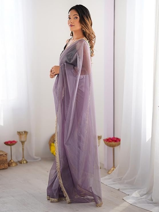 Women's Shimmer Net Solid Saree With Unstitched Blouse Piece | Exclusive Design for Parties - Image 8