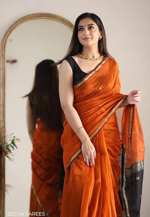 Women's Pure Spun Linen Cotton Lichi Silk Saree With Attach Unstitch Blouse Piece - Image 5