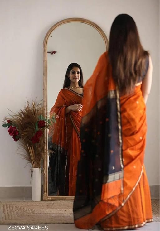 Women's Pure Spun Linen Cotton Lichi Silk Saree With Attach Unstitch Blouse Piece - Image 2