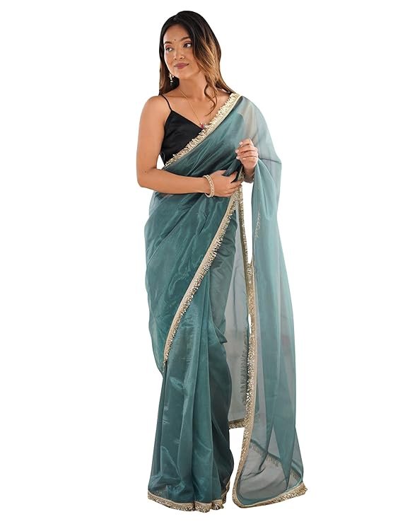 Women's Shimmer Net Solid Saree With Unstitched Blouse Piece | Exclusive Design for Parties - Image 2