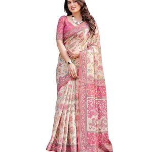 Women's Traditional Cotton Silk Designer Saree with Floral Print, Tassels and Blouse Piece,Off-White