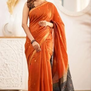 Women's Pure Spun Linen Cotton Lichi Silk Saree With Attach Unstitch Blouse Piece