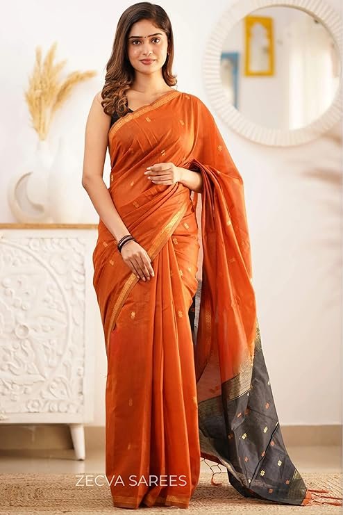 Women's Pure Spun Linen Cotton Lichi Silk Saree With Attach Unstitch Blouse Piece