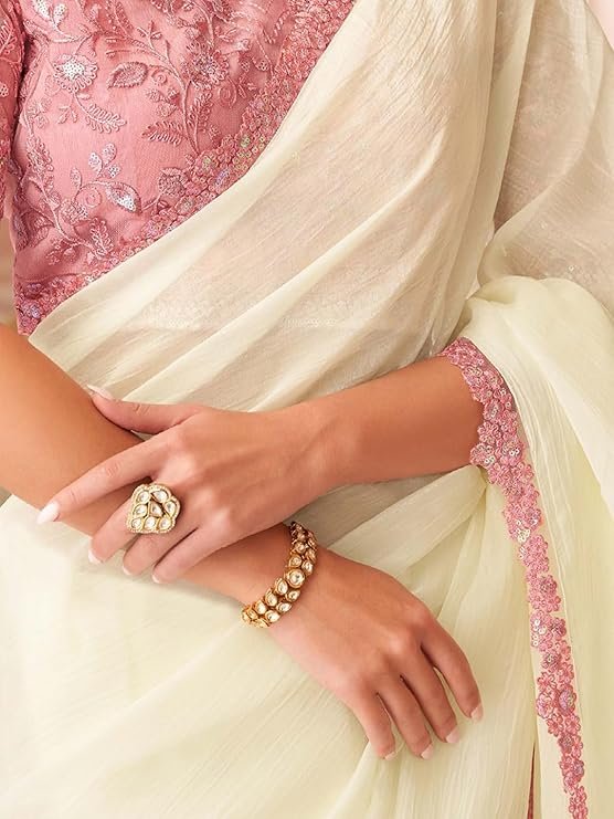 Women's Georgette Sequins Work Saree With Unstitched Blouse Piece - Image 8