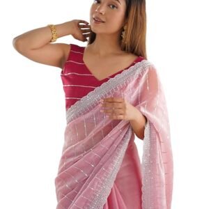 Women's Shimmer Chiffon Sequence Embroidery Saree With Unstitched Blouse Piece for Wedding and Parties