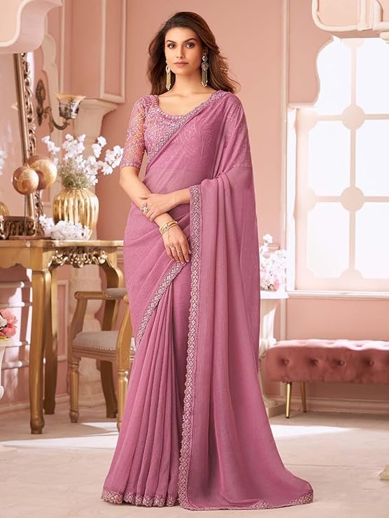 Women's Georgette Sequins Work Saree With Unstitched Blouse Piece - Image 9