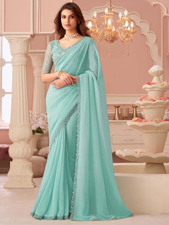Women's Georgette Sequins Work Saree With Unstitched Blouse Piece - Image 2