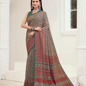 Traditional Print Pure Crepe Look Saree with Unstitched Blouse Piece, Designer Saree